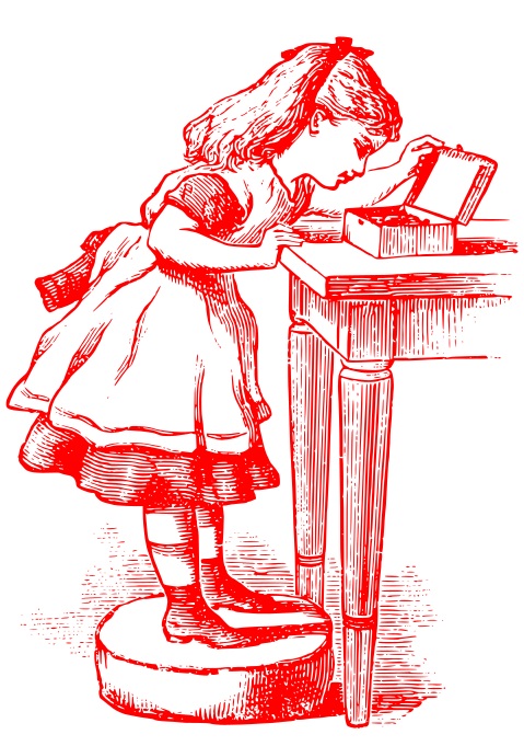 Alice, debout sur un pupitre cylindrique, regardant dans une boite posée sur une table.